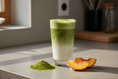 Load image into Gallery viewer, Green matcha latte in a borosilicate glass with matcha powder and peach slices on the counter 
