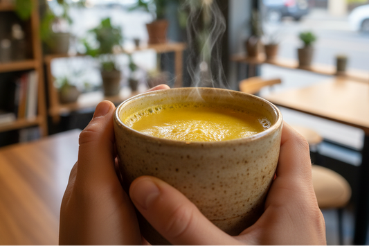 Person holding a golden milk hot beverage in a cafe